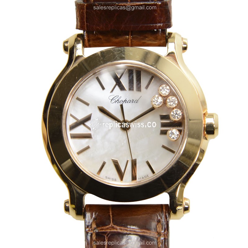 Chopard Happy Sport Quartz 18kt Rose Gold - White Dial - Brown Alligator Strap - Buckle Clasp